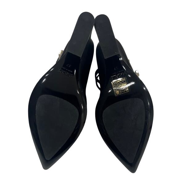 S6 VERSACE 4-Strap Heels Pump Tempest Wedge Satin Black IT37/US6.5 - Picture 8 of 9